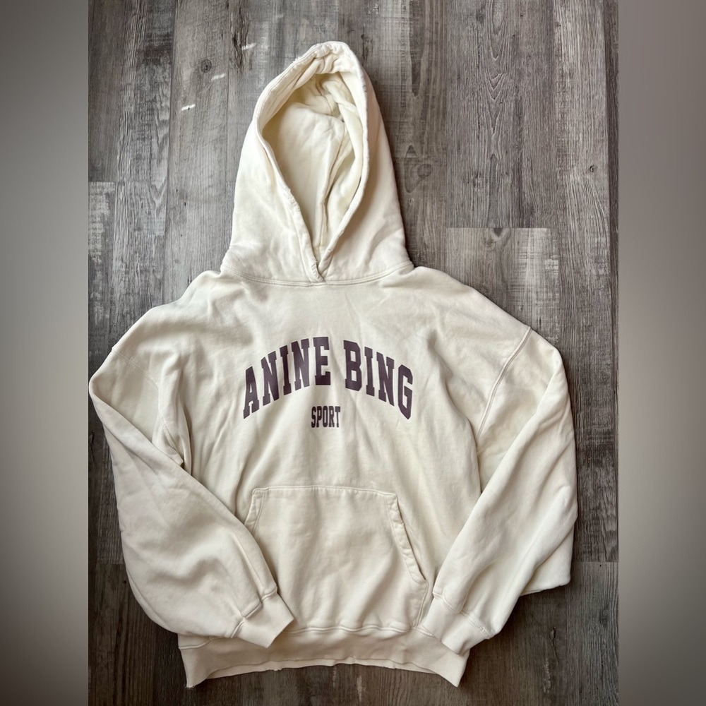 Anine Bing Cream Hoodie with Purple Text